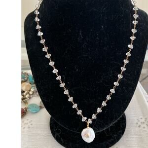 Biwa Pearl and Rhinestone Pendant Necklace